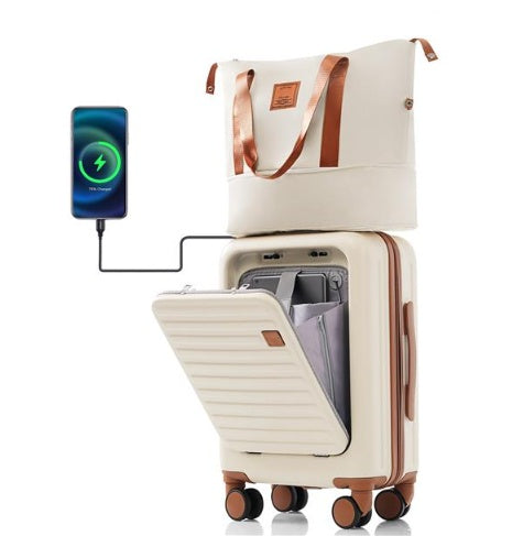 Front Opening 20-Inch Carry-On Luggage With Expandable Travel Bag Set | Beige