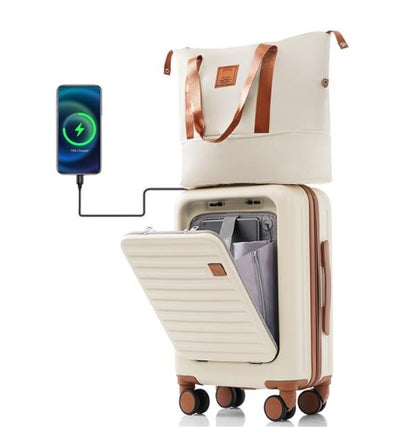Front Opening 20-Inch Carry-On Luggage With Expandable Travel Bag Set | Beige