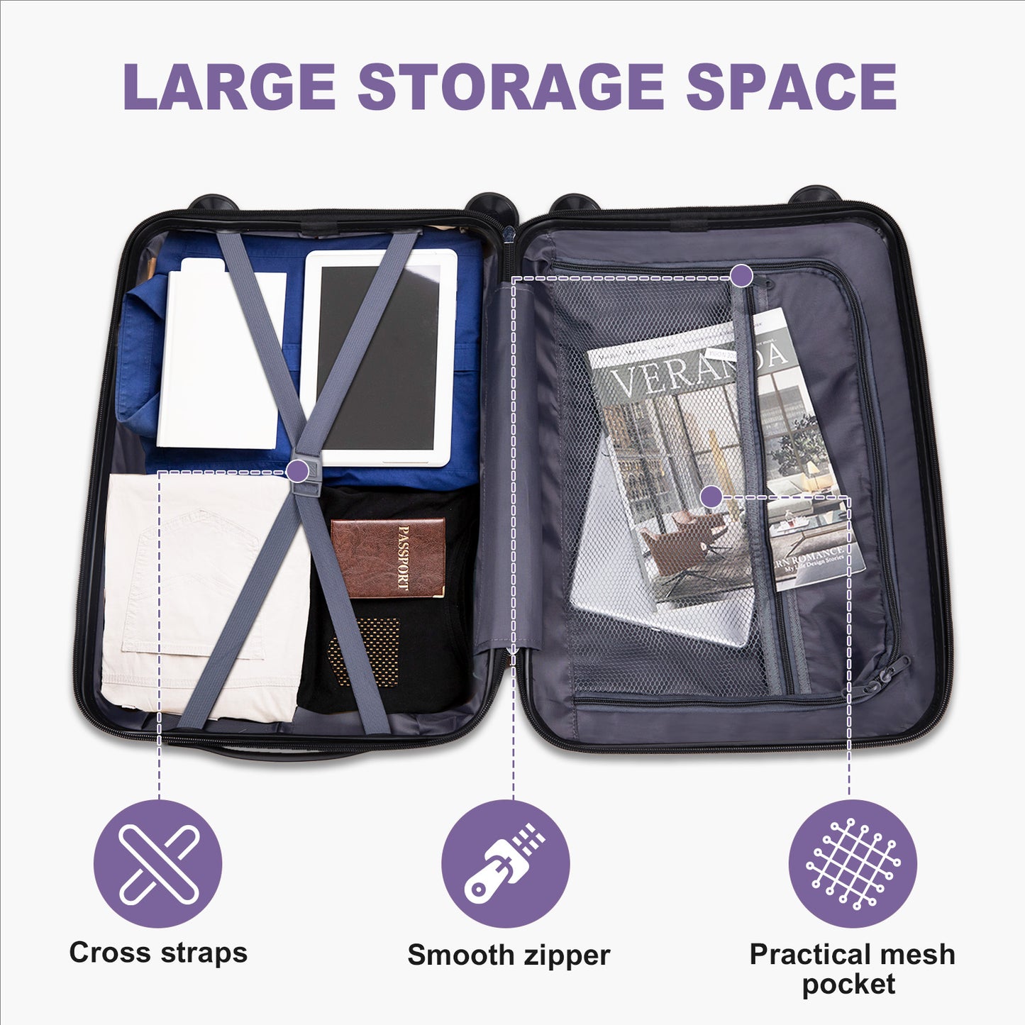 3 In 1| Large Storage, Unique V-shaped stripe design PP Trolley Travel Suitcase, 20+24+28inch | Lavender Purple