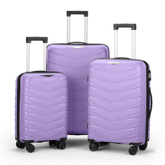 3 In 1| Large Storage, Unique V-shaped stripe design PP Trolley Travel Suitcase, 20+24+28inch | Lavender Purple