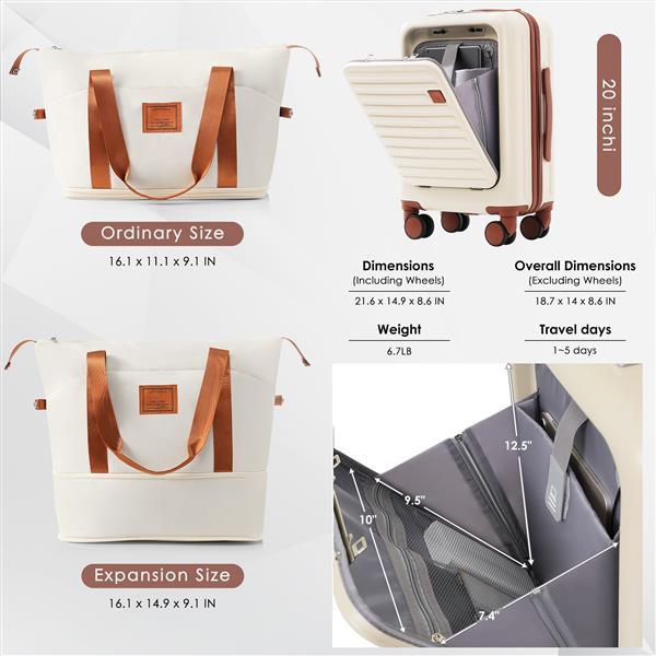 Front Opening 20-Inch Carry-On Luggage With Expandable Travel Bag Set | Beige