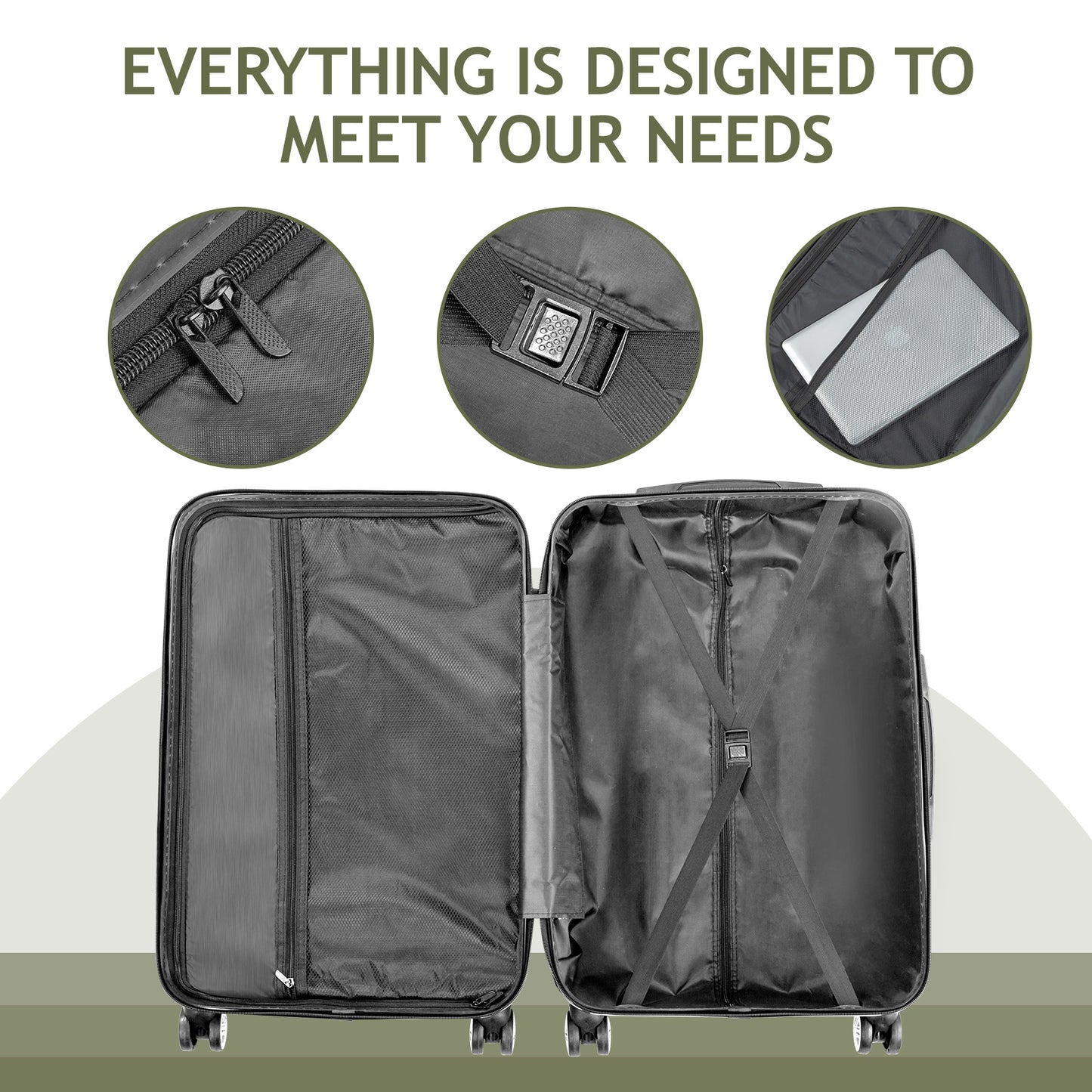 3 In 1 | ABS+PC Suitcase 20in-24in-28in | Army Green