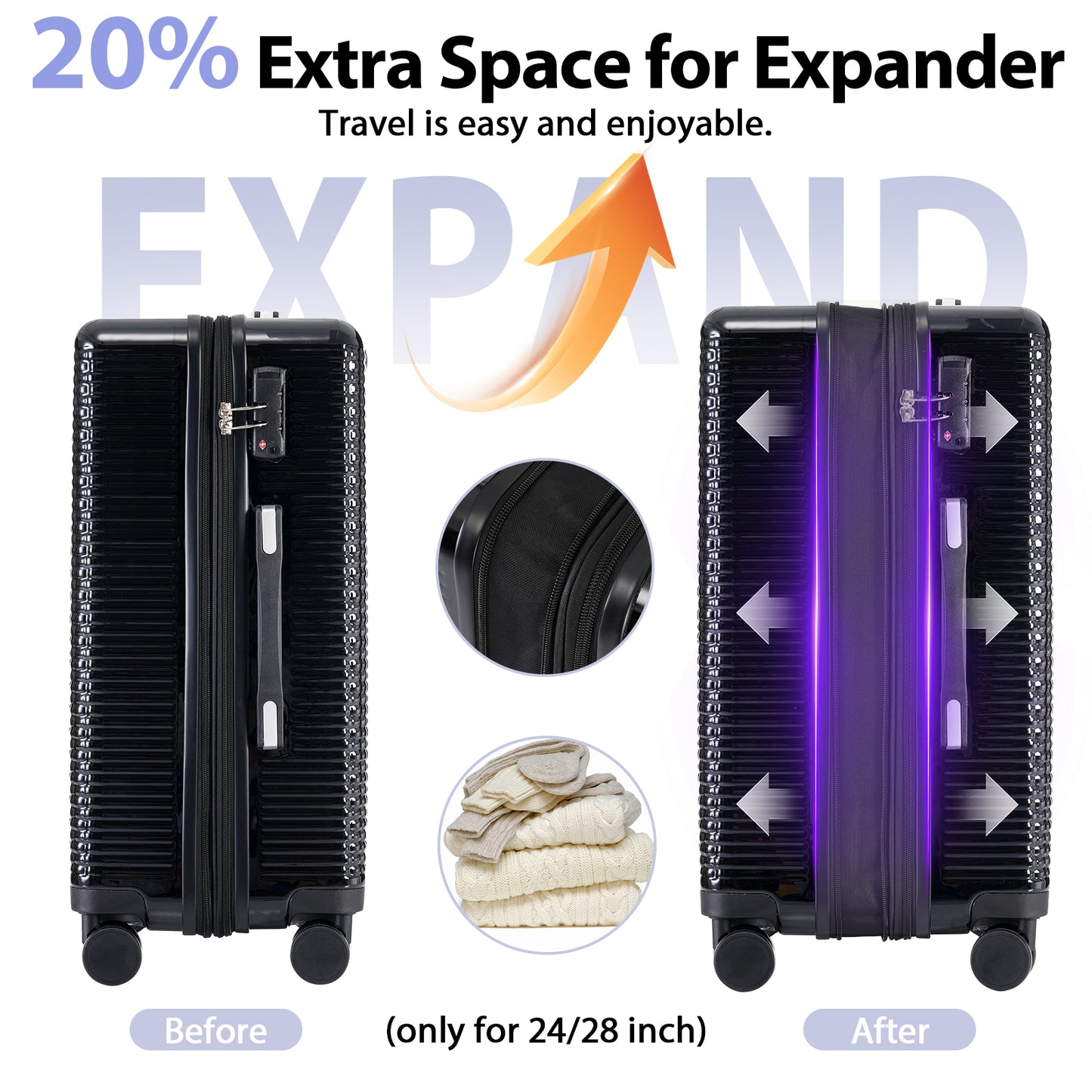 3 In 1 | Hard Shell Travel Suitcases With Wheels, Light Expandable With TSA Lock, Carry-On, Checked Luggage| 20+24+28inch