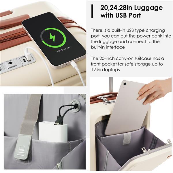 Front Opening 20-Inch Carry-On Luggage With Expandable Travel Bag Set | Beige